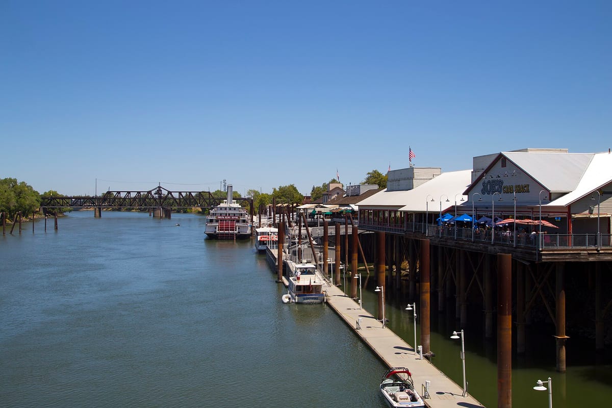 The Delta King and the Old Sacramento waterfront from Tower Bridge