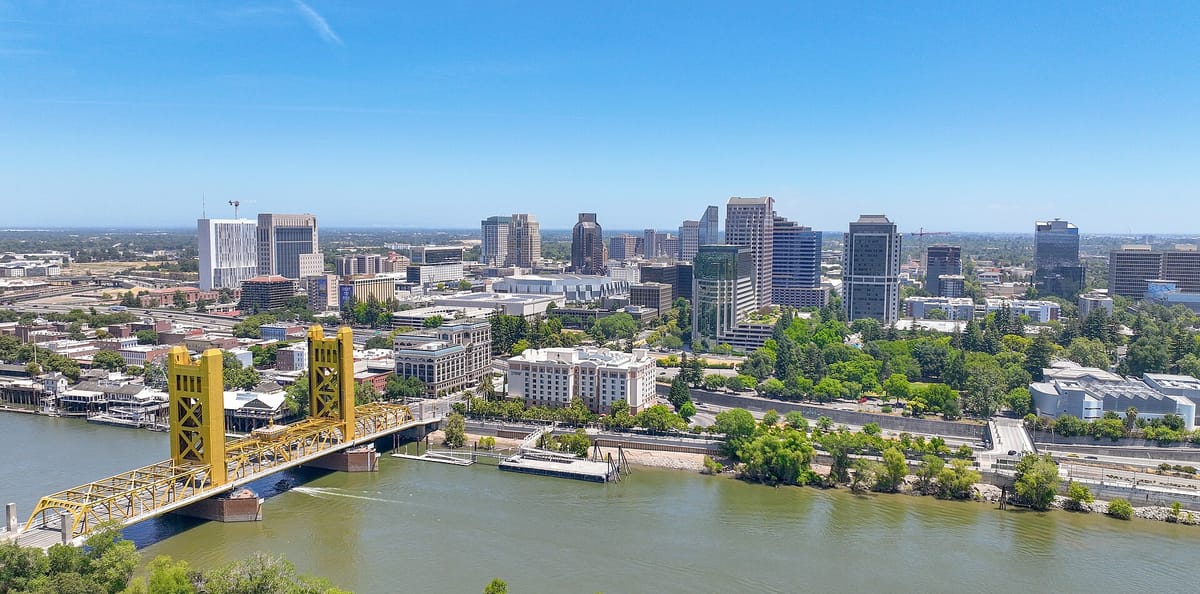 The downtown skyline and the gold Tower Bridge over the Sacramento River