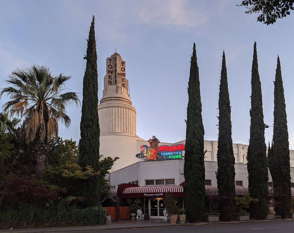 The Tower Theatre's tower rising above the palms and cypresses