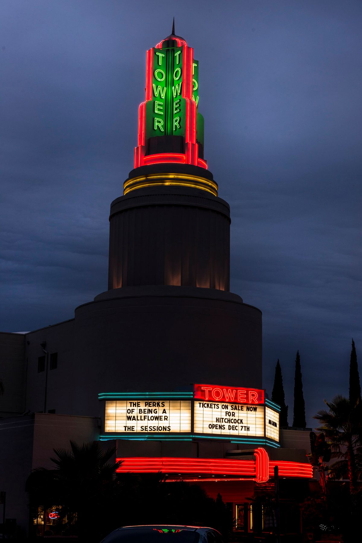 The Tower Theatre, built in 1938 and known for its neon